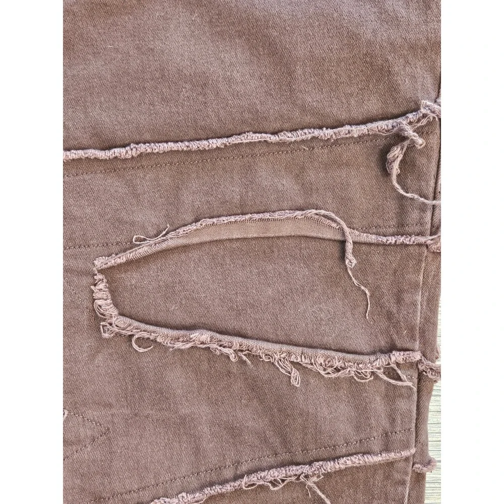 GOTHIC GRUNGE Brown 34 Distressed Patchwork Jeans Streetwear Frayed Raw Edge
